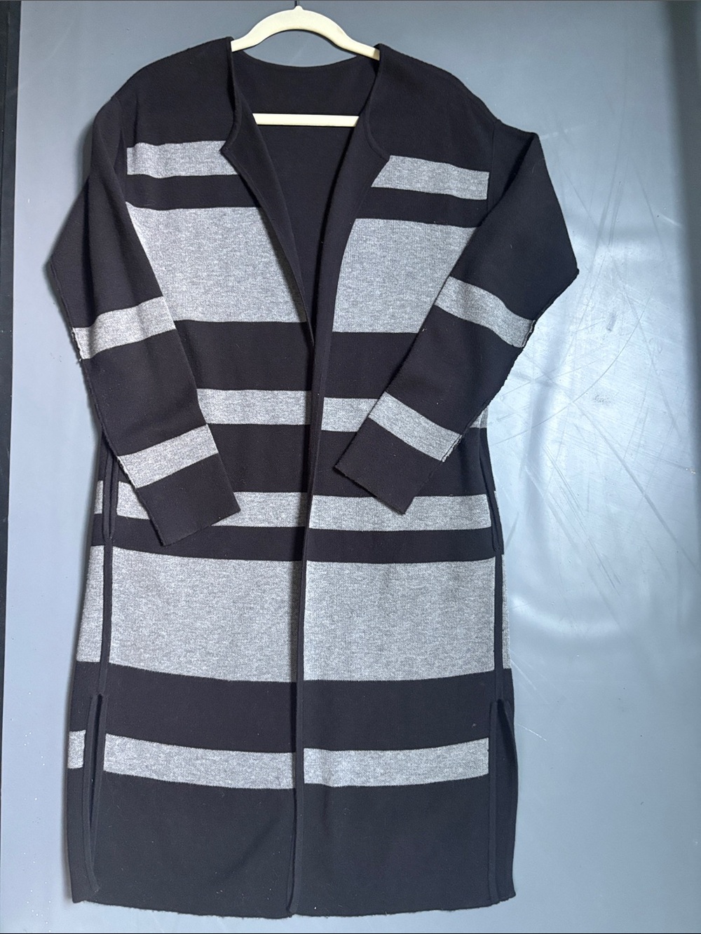 Athleta Reveraible Black & Gray Striped Open Cardigan